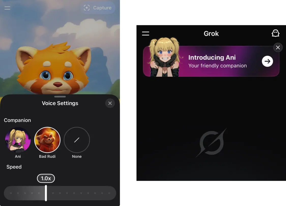 馬斯克上新AI女友還能解鎖成人內容,聊了一天發現這是危險的“養成游戲” ▲目前 Grok 首頁有推廣,在 Grok Voice 設置也可以直接選擇 AI 伙伴進行對話。